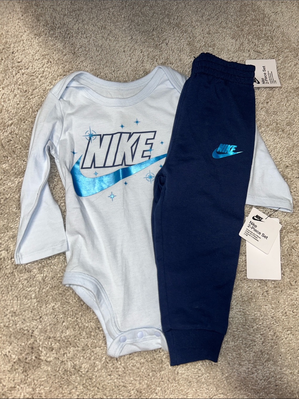 Nike Light Blue Bodysuit & Navy Joggers Baby Set